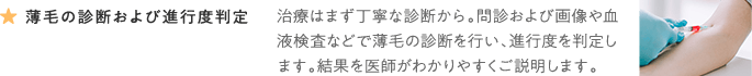 薄毛の診断および進行度判定 治療はまず丁寧な診断から。問診および画像や血液検査などで薄毛の診断を行い、進行度を判定します。結果を医師がわかりやすくご説明します。