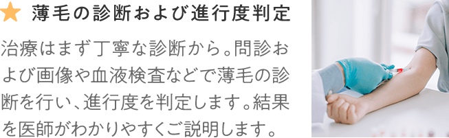 薄毛の診断および進行度判定 治療はまず丁寧な診断から。問診および画像や血液検査などで薄毛の診断を行い、進行度を判定します。結果を医師がわかりやすくご説明します。