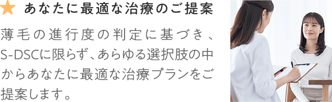 あなたに最適な治療のご提案 薄毛の進行度の判定に基づき、S-DSCに限らず、あらゆる選択肢の中からあなたに最適な治療プランをご提案します。